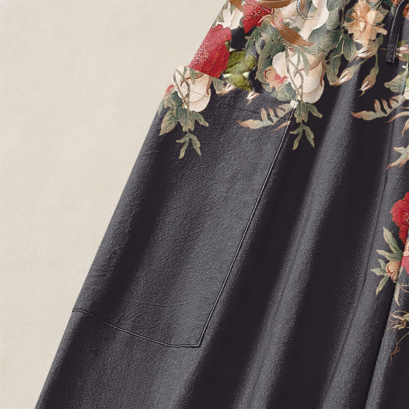 Buddha Stones Cotton Vintage Red Peony Flower Vine Pattern Women's Elastic Waist Harem Pants With Side Pockets - image 6