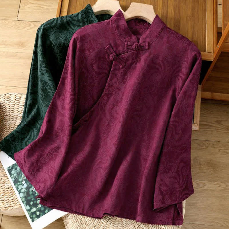 Buddha Stones Fall Elegant Tang Style Mandarin Collar Pankou Floral Women's Long Sleeve Shirts - image 12