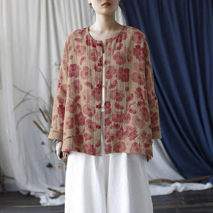 Buddha Stones Spring Elegant Retro Button-Up Pink Floral Women's Jacket With Pocket - image 2