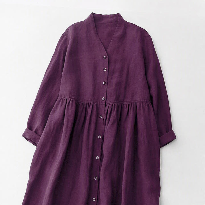 Buddha Stones Fall Casual Minimalist Button-Up Purple Women's Long Sleeve Dress With Pockets - image 4