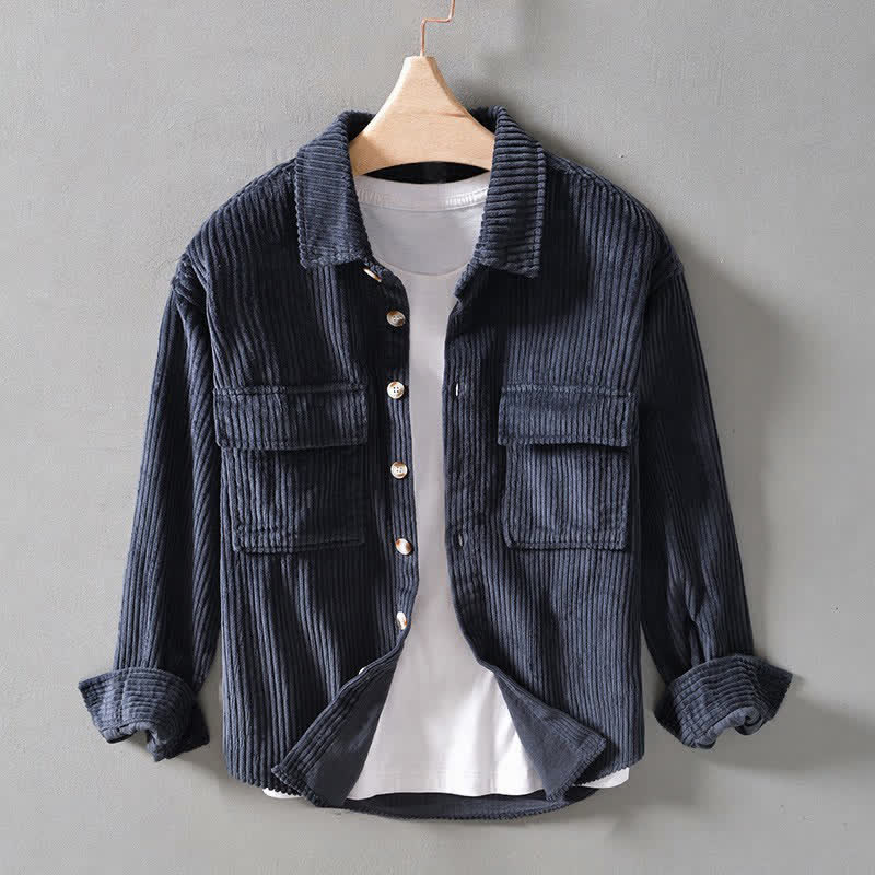 Buddha Stones Fall Winter Vintage Button-Up Solid Cotton Corduroy Men's Jackets With Pocket - DarkSlateGray - US/UK/AU36, EU46 (L) - image 0