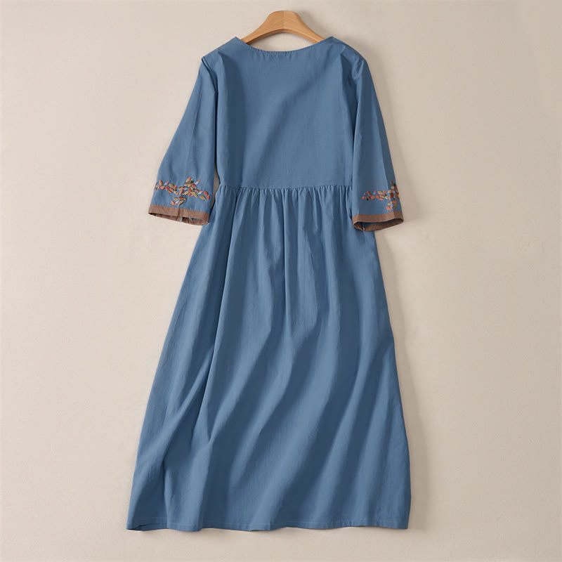 Buddha Stones Spring Ethnic Embroidery Half Sleeve Women's Midi Dress - image 22
