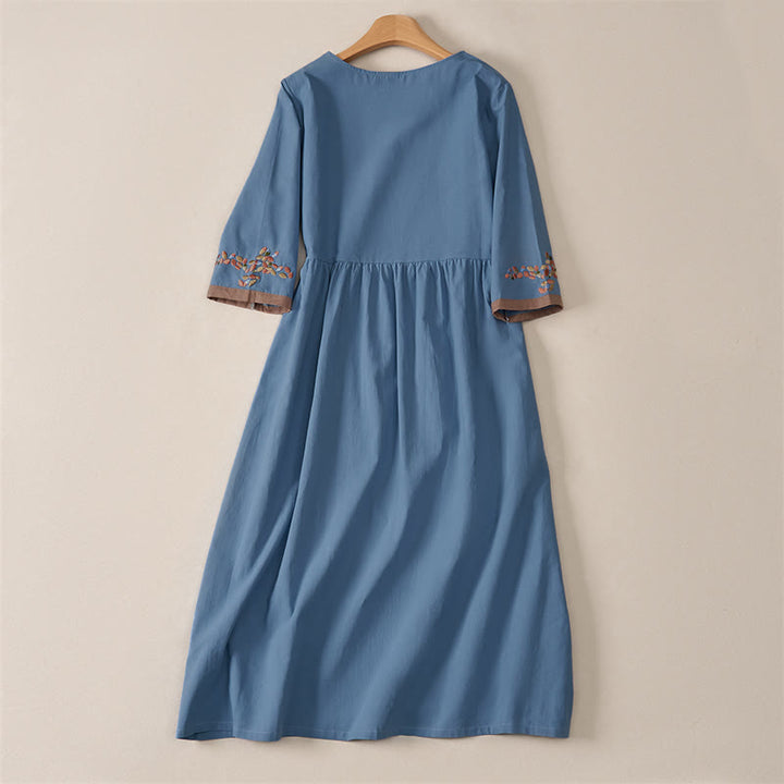 Buddha Stones Spring Ethnic Embroidery Half Sleeve Women's Midi Dress - image 22