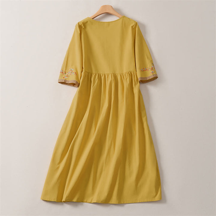 Buddha Stones Spring Ethnic Embroidery Half Sleeve Women's Midi Dress - image 8