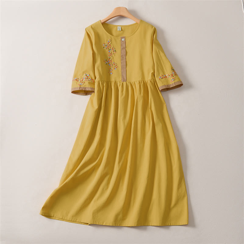 Buddha Stones Spring Ethnic Embroidery Half Sleeve Women's Midi Dress - Gold - US12，UK/AU16，EU44 (2XL) - image 7
