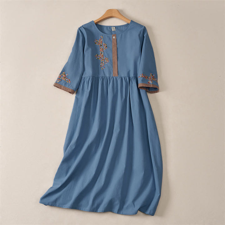 Buddha Stones Spring Ethnic Embroidery Half Sleeve Women's Midi Dress - SteelBlue - US12，UK/AU16，EU44 (2XL) - image 21