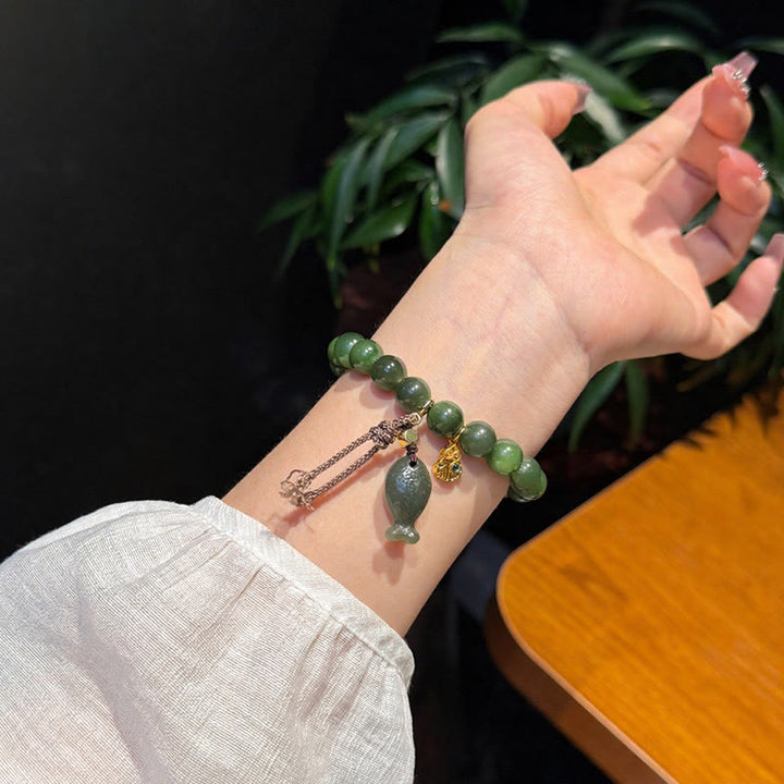 Buddha Stones Natural Cyan Jade Koi Fish Gourd Prosperity Bracelet - image 2