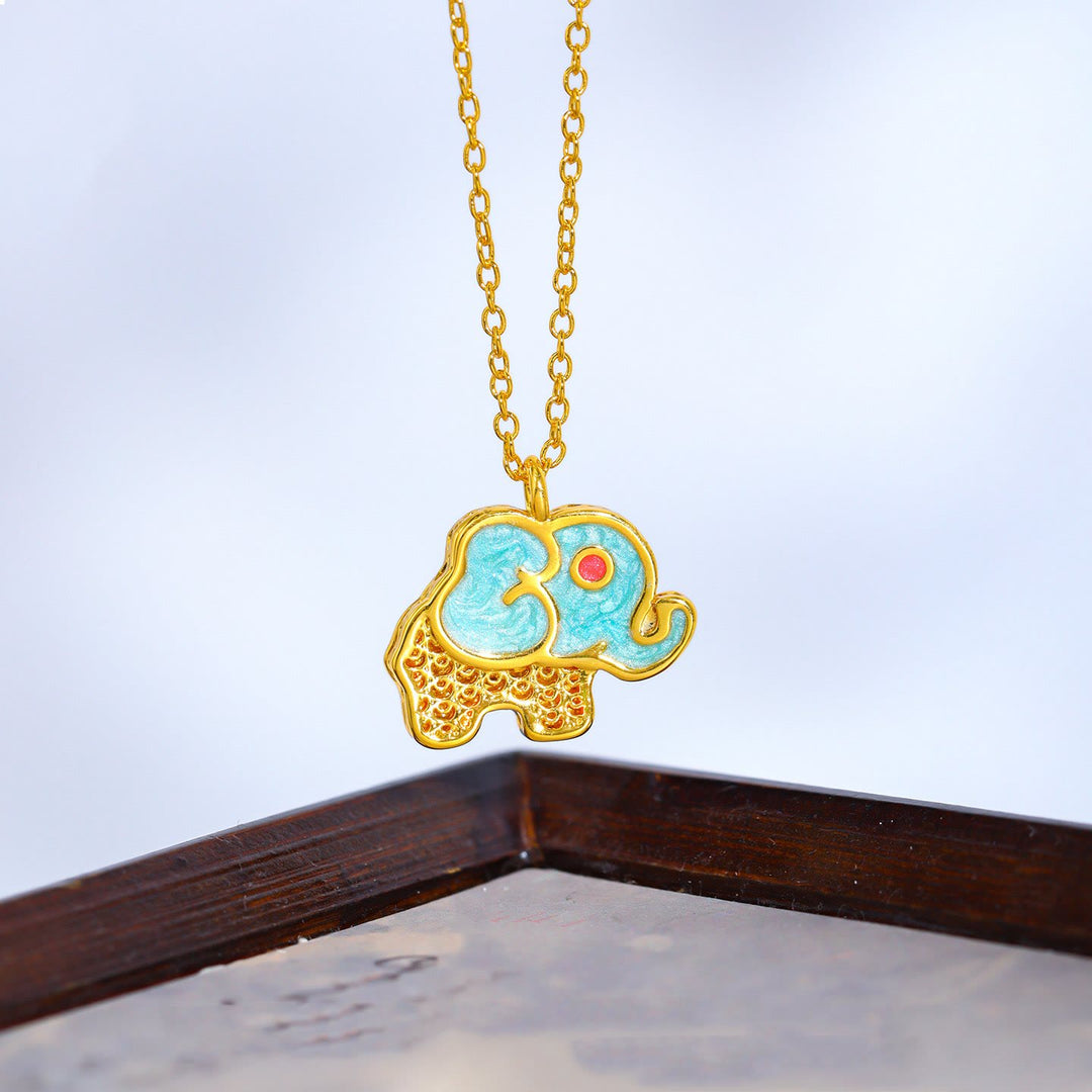 Buddha Stones 24K Gold Plated Copper Lucky Elephant Hollow Pendant Necklace - Green - image 1