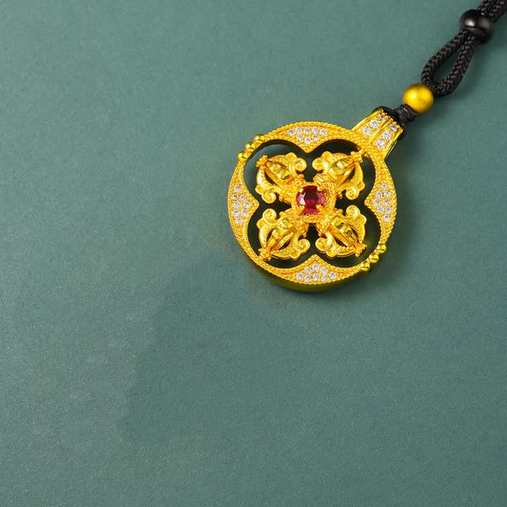Buddha Stones Gold Plated Brass Vajra Spiritual Power Round Pendant Necklace - Vajra&Black Rope - image 5