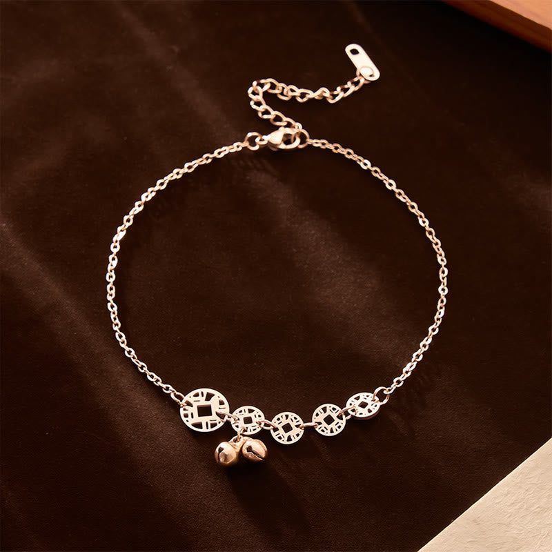 Buddha Stones Copper Coins Bell Charm Titanium Steel Strengthen Anklet - Rose Gold Anklet(Circumference 21-26cm) - image 9
