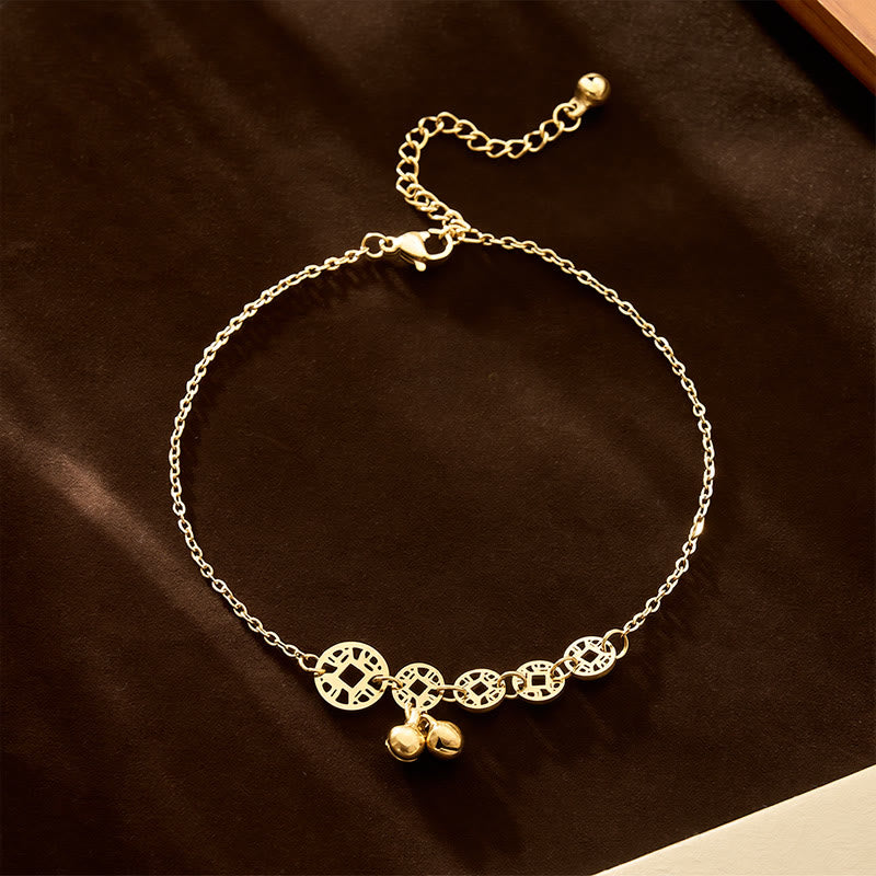 Buddha Stones Copper Coins Bell Charm Titanium Steel Strengthen Anklet - Gold Anklet(Circumference 21-26cm) - image 1