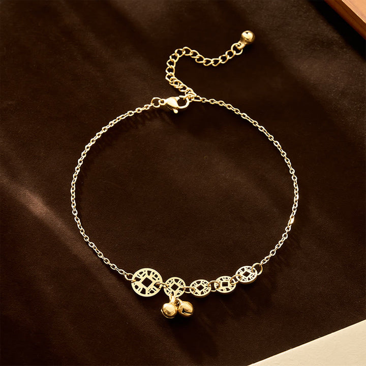 Buddha Stones Copper Coins Bell Charm Titanium Steel Strengthen Anklet - Gold Anklet(Circumference 21-26cm) - image 1