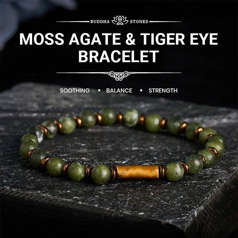 Buddha Stones Green Moss Agate Round Bead Tiger Eye Accent Bracelet - image 0