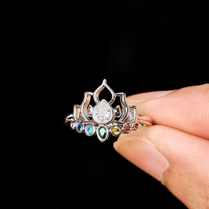 Buddha Stones Copper Lotus Multicolor Zircon Inlaid Healing Ring - image 2