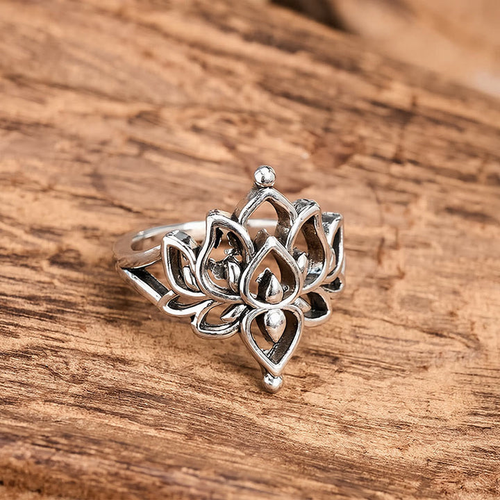 Buddha Stones Vintage Silver Tone Lotus Purity Statement Ring - image 2