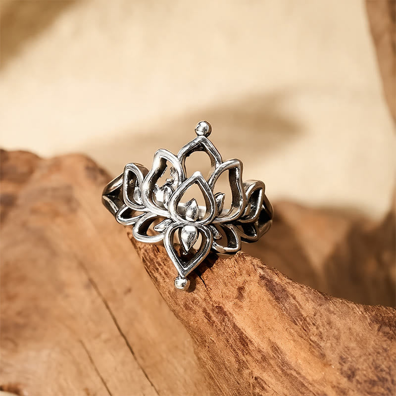 Buddha Stones Vintage Silver Tone Lotus Purity Statement Ring - image 1
