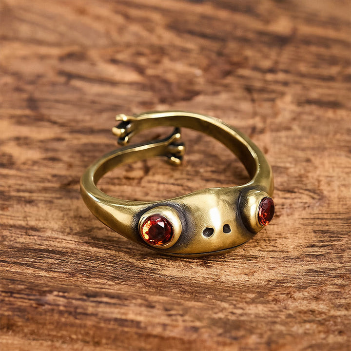 Buddha Stones Vintage Brass Feng Shui Frog Wealth Open Ring - Red Eyes - image 0