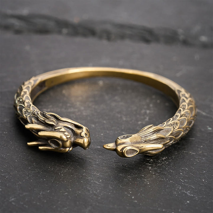 Buddha Stones Antique Brass Dragon and Phoenix Strength Open Cuff Bracelet - image 2