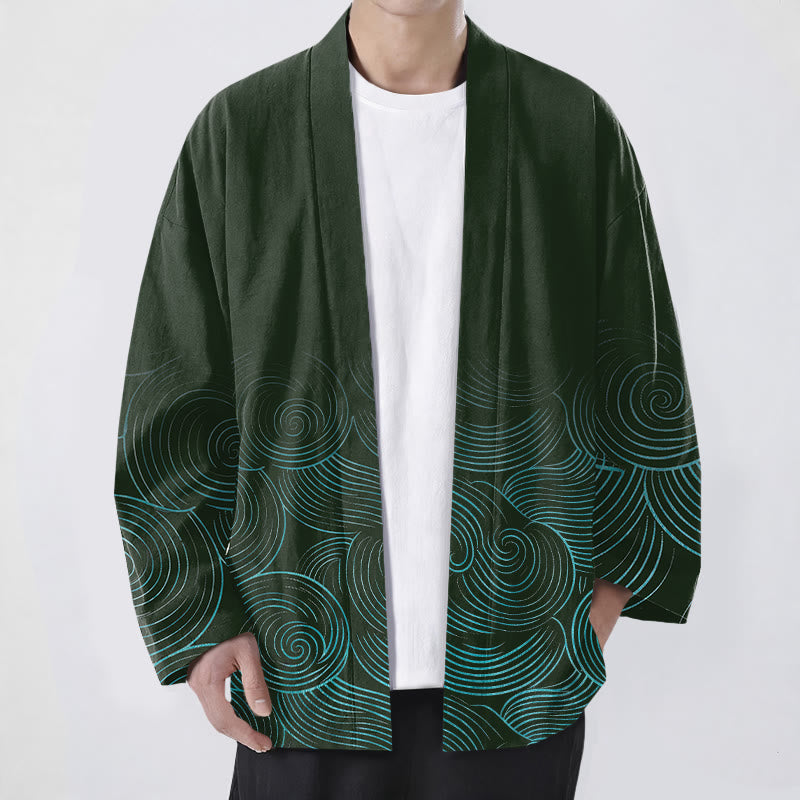 Buddha Stones Cotton Ripple Circle Pattern Open Front Men's Kimono - DarkGreen - US/UK/AU48，EU58 (4XL) - image 0