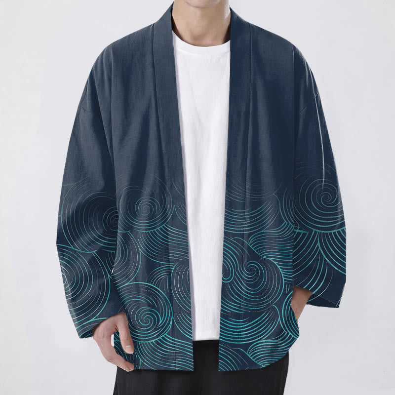Buddha Stones Cotton Ripple Circle Pattern Open Front Men's Kimono - Navy - US/UK/AU48，EU58 (4XL) - image 6
