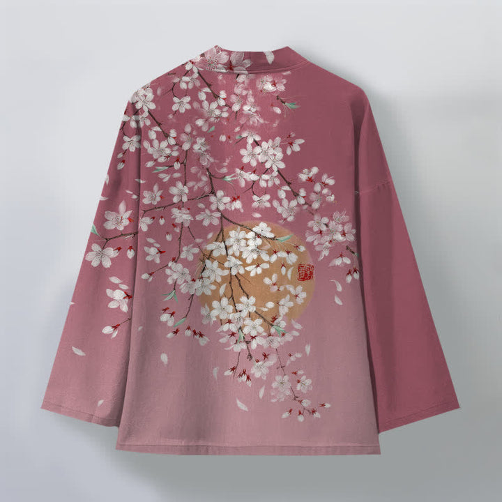 Buddha Stones Cotton White Cherry Blossom Pattern Open Front Men's Kimono - image 2