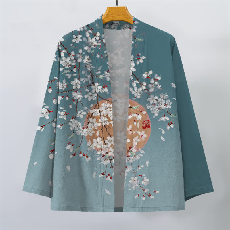 Buddha Stones Cotton White Cherry Blossom Pattern Open Front Men's Kimono - image 10