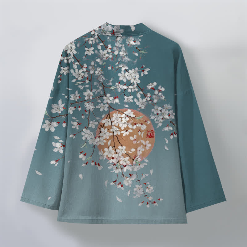 Buddha Stones Cotton White Cherry Blossom Pattern Open Front Men's Kimono - image 11