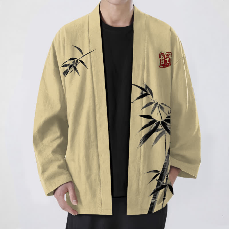 Buddha Stones Cotton Asymmetrical Ink Bamboo Pattern Open Front Men's Kimono - Wheat - US/UK/AU48，EU58 (4XL) - image 0