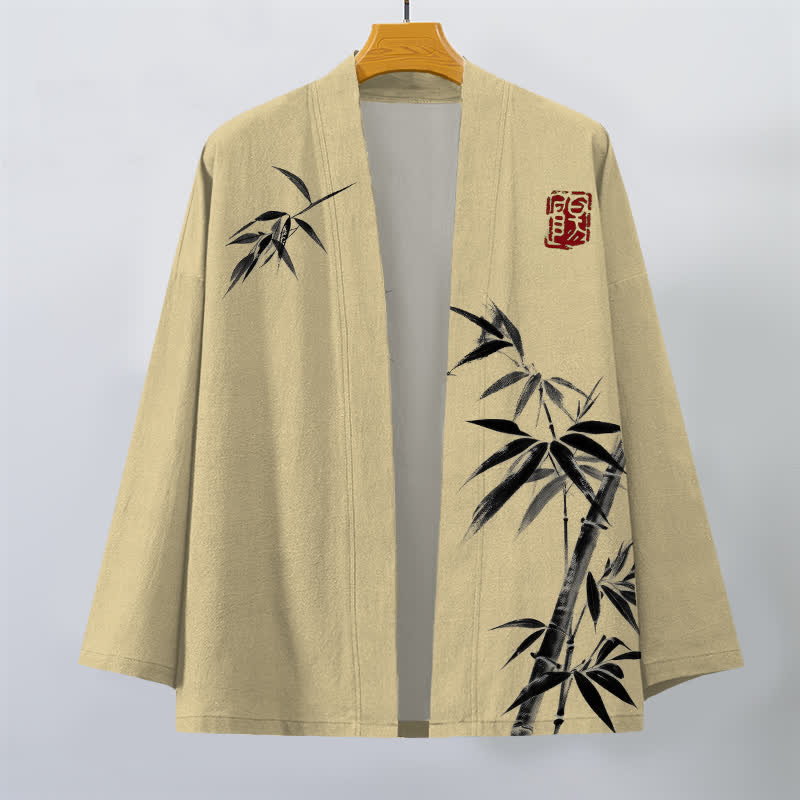 Buddha Stones Cotton Asymmetrical Ink Bamboo Pattern Open Front Men's Kimono - image 1