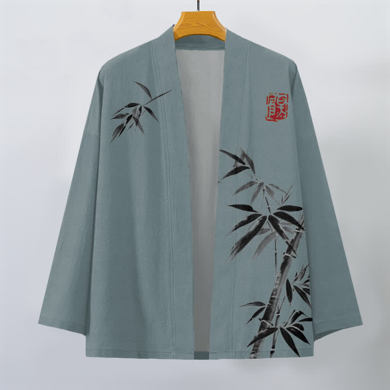 Buddha Stones Cotton Asymmetrical Ink Bamboo Pattern Open Front Men's Kimono - image 7