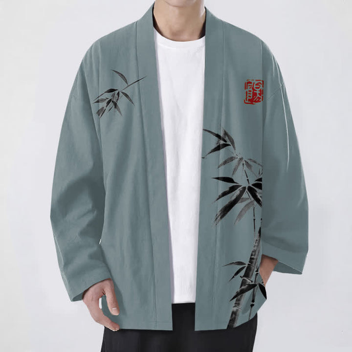 Buddha Stones Cotton Asymmetrical Ink Bamboo Pattern Open Front Men's Kimono - CadetBlue - US/UK/AU48，EU58 (4XL) - image 6