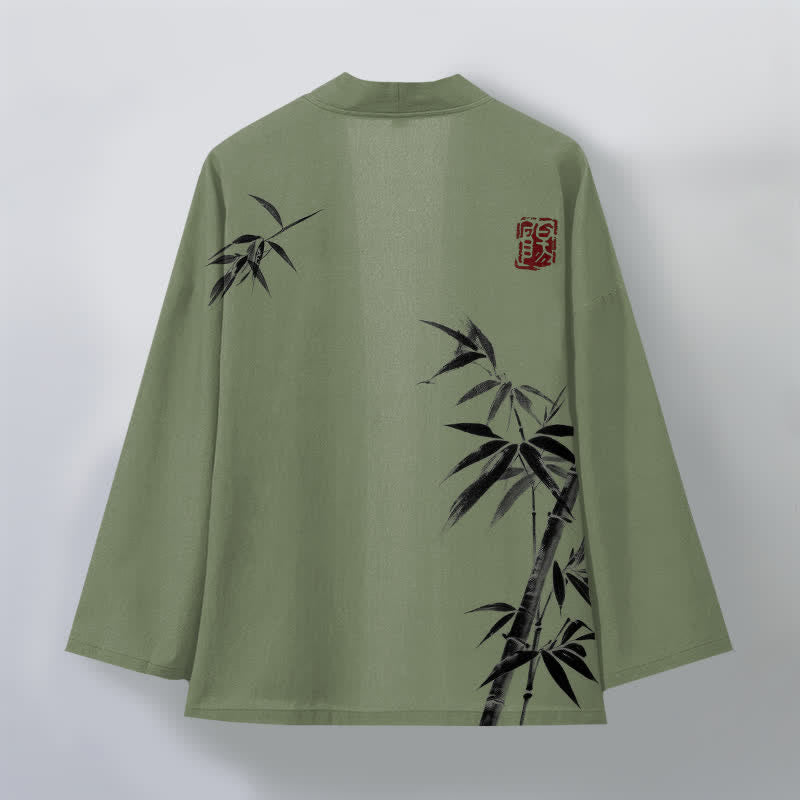 Buddha Stones Cotton Asymmetrical Ink Bamboo Pattern Open Front Men's Kimono - image 11