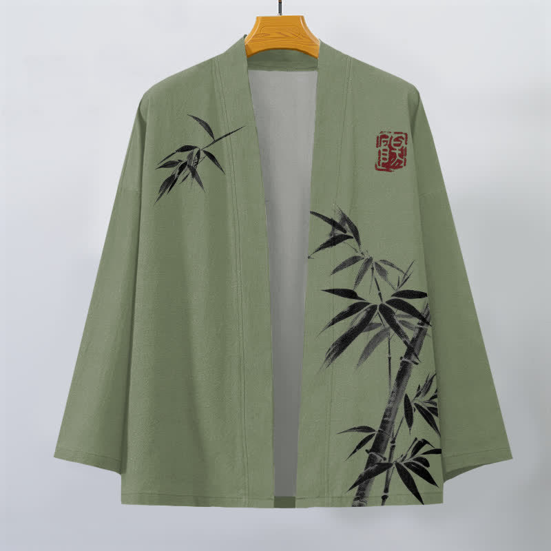 Buddha Stones Cotton Asymmetrical Ink Bamboo Pattern Open Front Men's Kimono - image 10