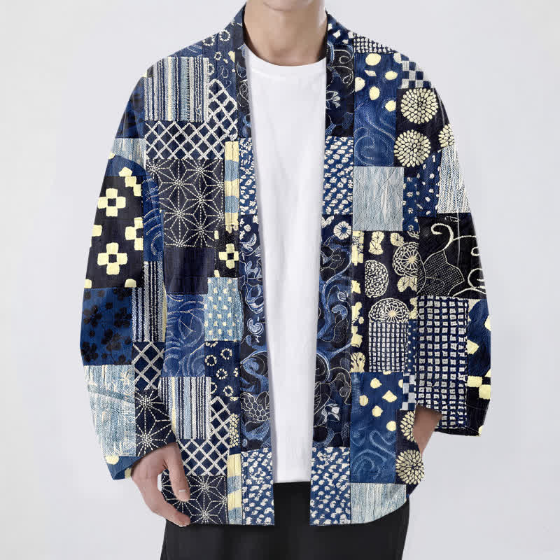Buddha Stones Cotton Vintage Floral Patchwork Pattern Open Front Men's Kimono - Navy - US/UK/AU48，EU58 (4XL) - image 0