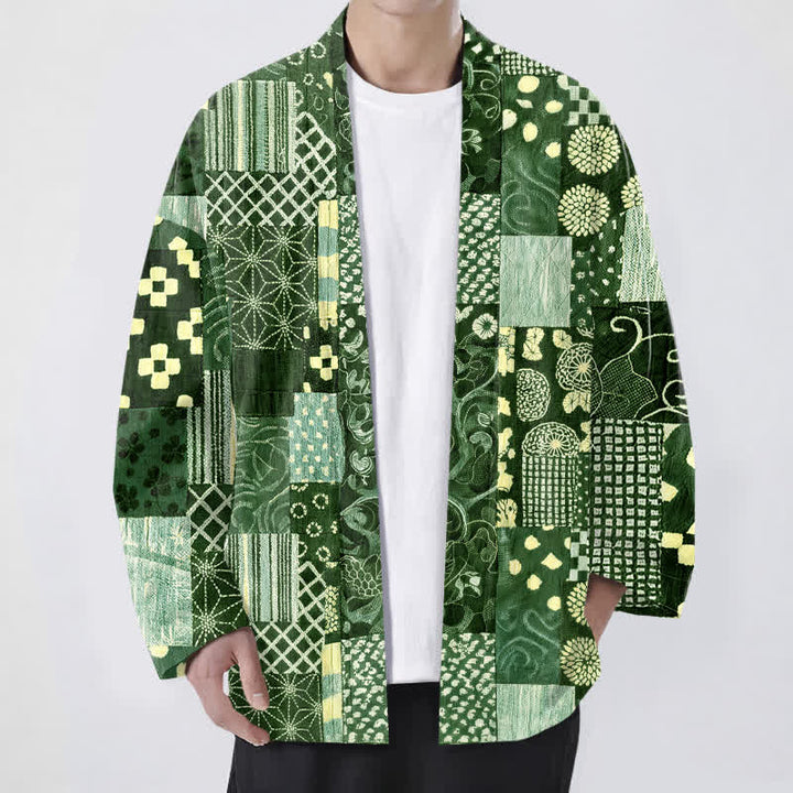 Buddha Stones Cotton Vintage Floral Patchwork Pattern Open Front Men's Kimono - ForestGreen - US/UK/AU48，EU58 (4XL) - image 9