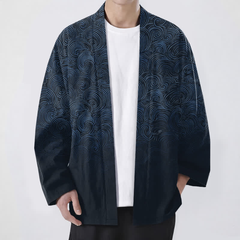 Buddha Stones Cotton Swirl Gradient Pattern Open Front Men's Kimono - Navy - US/UK/AU48，EU58 (4XL) - image 9