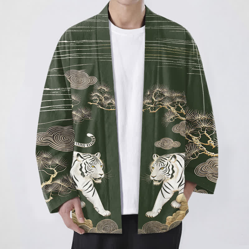 Buddha Stones Cotton White Tiger Cloud Pine Pattern Open Front Men's Kimono - DarkGreen - US/UK/AU48，EU58 (4XL) - image 6
