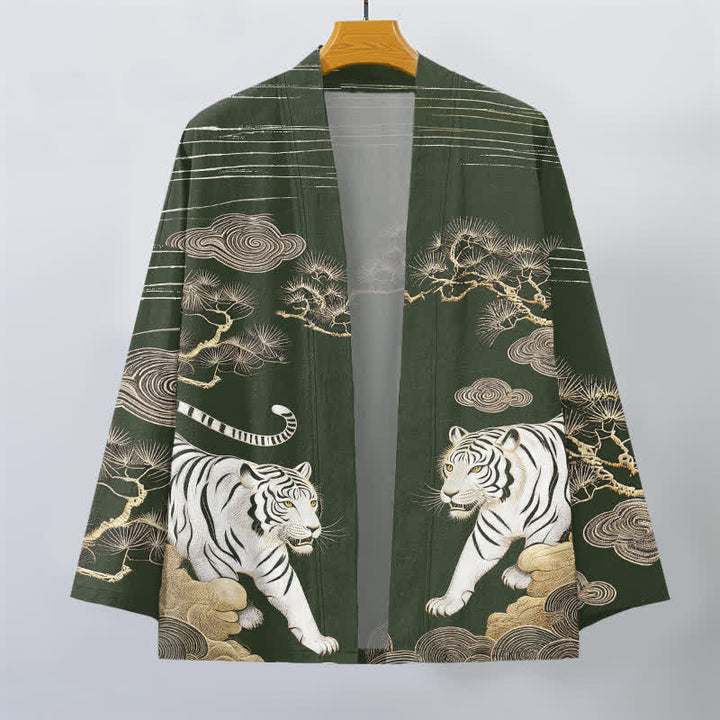 Buddha Stones Cotton White Tiger Cloud Pine Pattern Open Front Men's Kimono - image 7