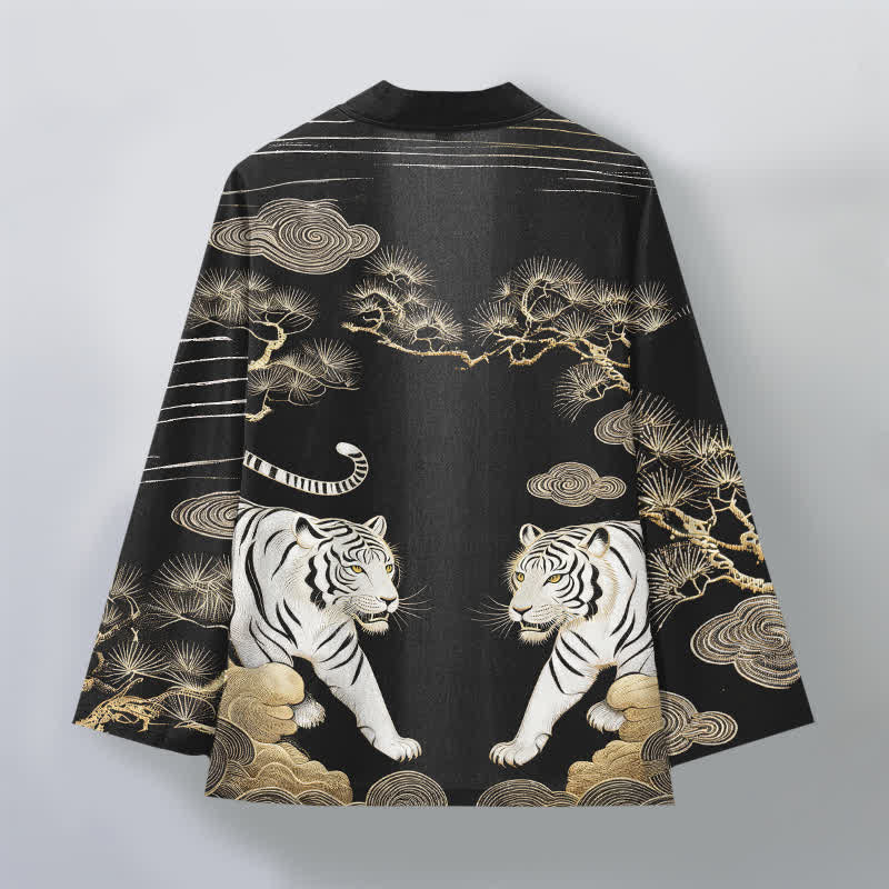Buddha Stones Cotton White Tiger Cloud Pine Pattern Open Front Men's Kimono - image 11