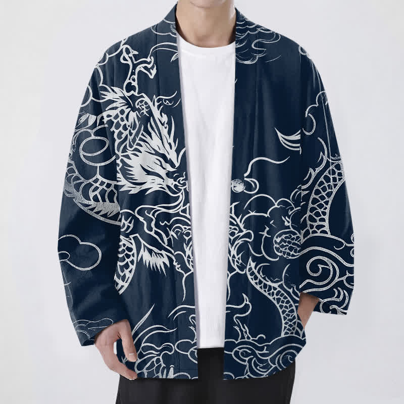 Buddha Stones Cotton Traditional Dragon Cloud Pattern Open Front Men's Kimono - Navy - US/UK/AU48，EU58 (4XL) - image 0