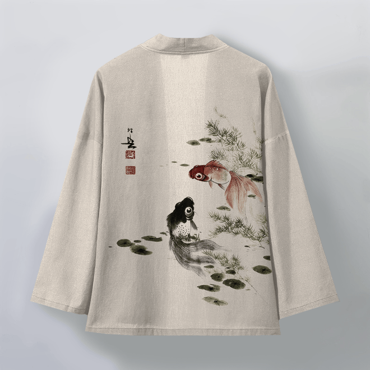 Buddha Stones Cotton Red Black Koi Lotus Pattern Open Front Men's Kimono - image 2