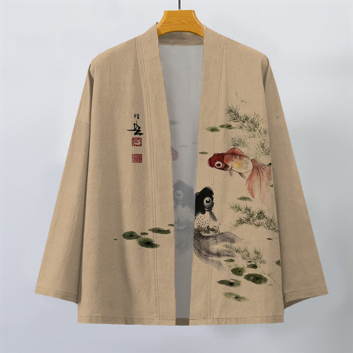 Buddha Stones Cotton Red Black Koi Lotus Pattern Open Front Men's Kimono - image 7