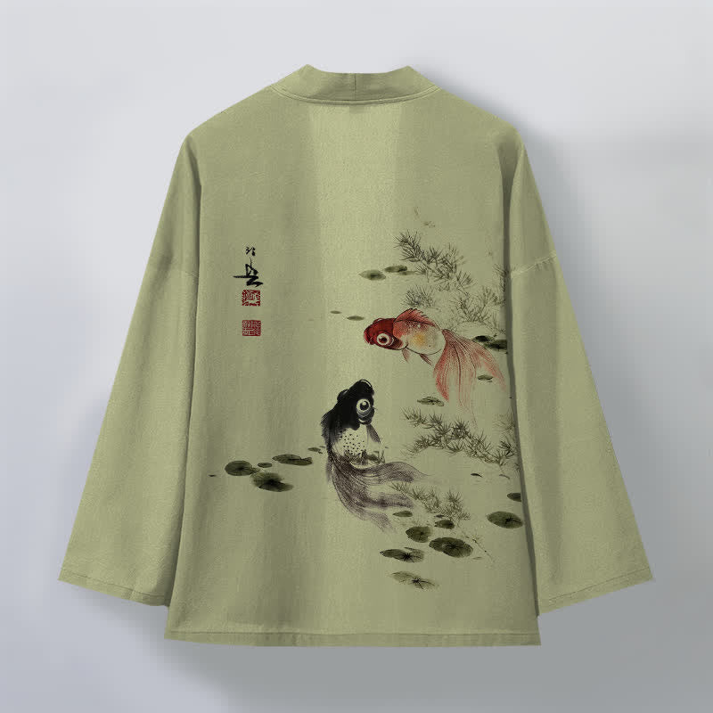 Buddha Stones Cotton Red Black Koi Lotus Pattern Open Front Men's Kimono - image 11