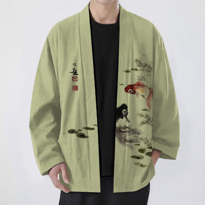 Buddha Stones Cotton Red Black Koi Lotus Pattern Open Front Men's Kimono - YellowGreen - US/UK/AU48，EU58 (4XL) - image 9