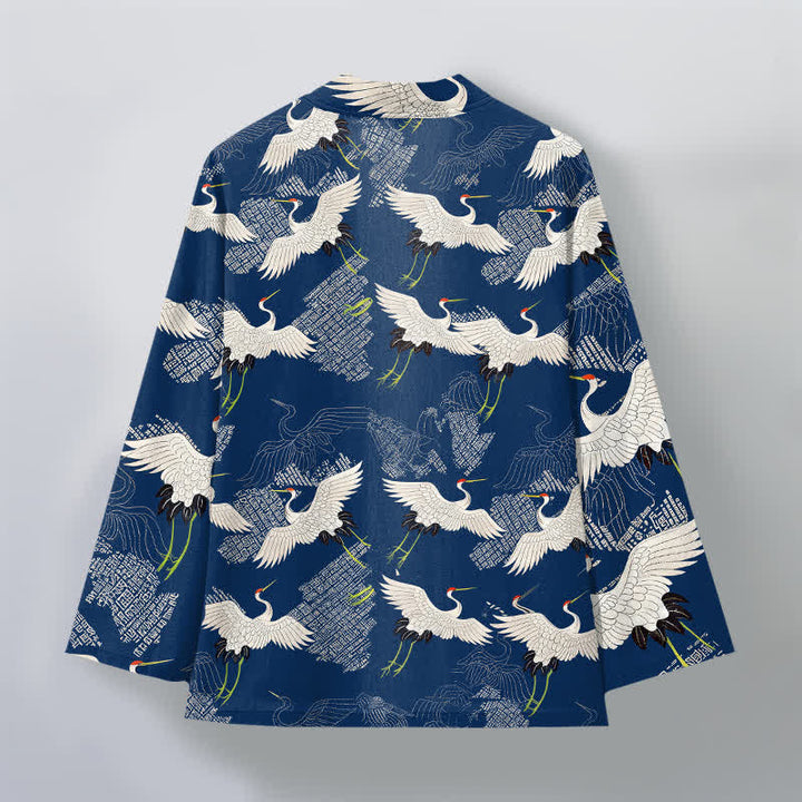 Buddha Stones Cotton White Crane Ripple Pattern Open Front Men's Kimono - image 2