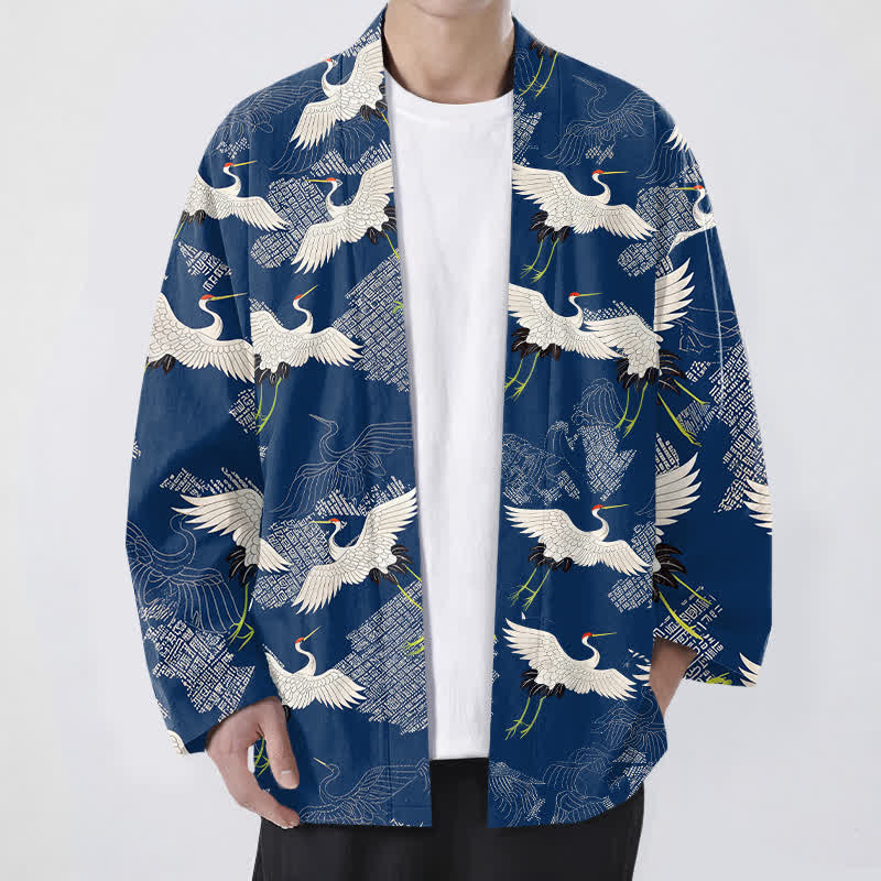 Buddha Stones Cotton White Crane Ripple Pattern Open Front Men's Kimono - Navy - US/UK/AU48，EU58 (4XL) - image 0