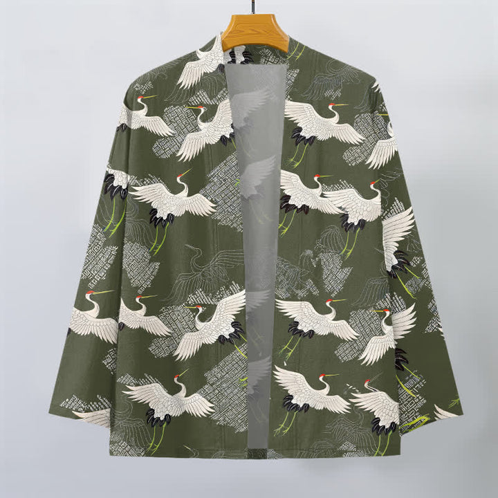 Buddha Stones Cotton White Crane Ripple Pattern Open Front Men's Kimono - image 7