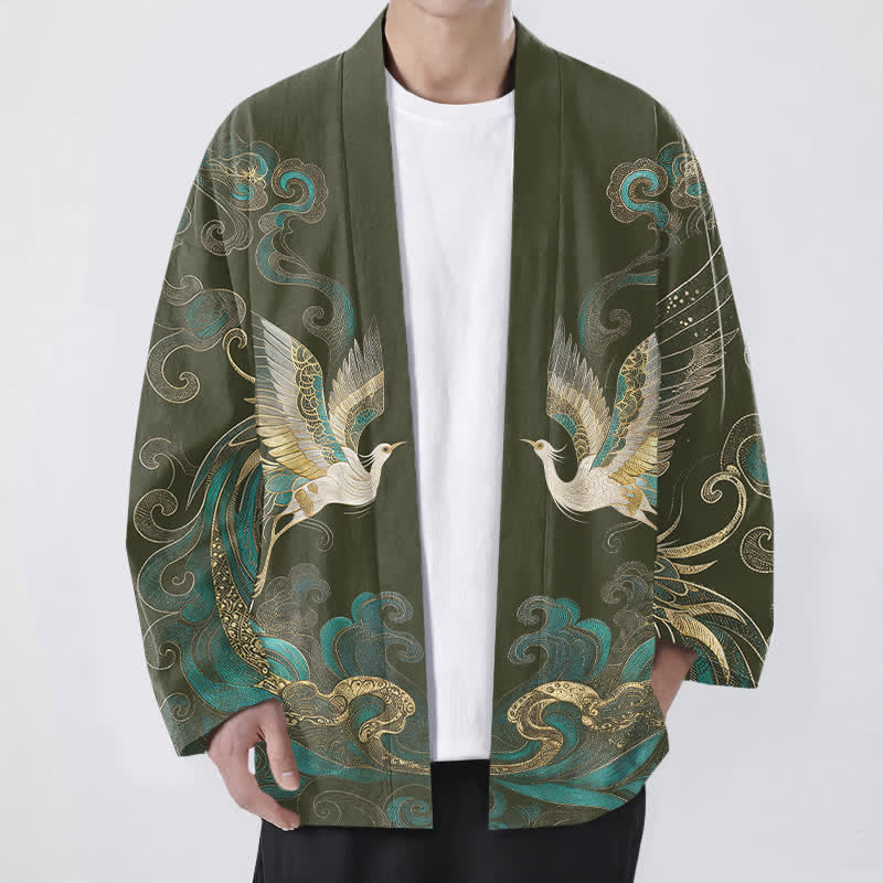 Buddha Stones Cotton Golden Crane Sea Cloud Pattern Open Front Men's Kimono - DarkOliveGreen - US/UK/AU48，EU58 (4XL) - image 0