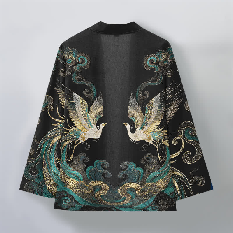 Buddha Stones Cotton Golden Crane Sea Cloud Pattern Open Front Men's Kimono - image 11