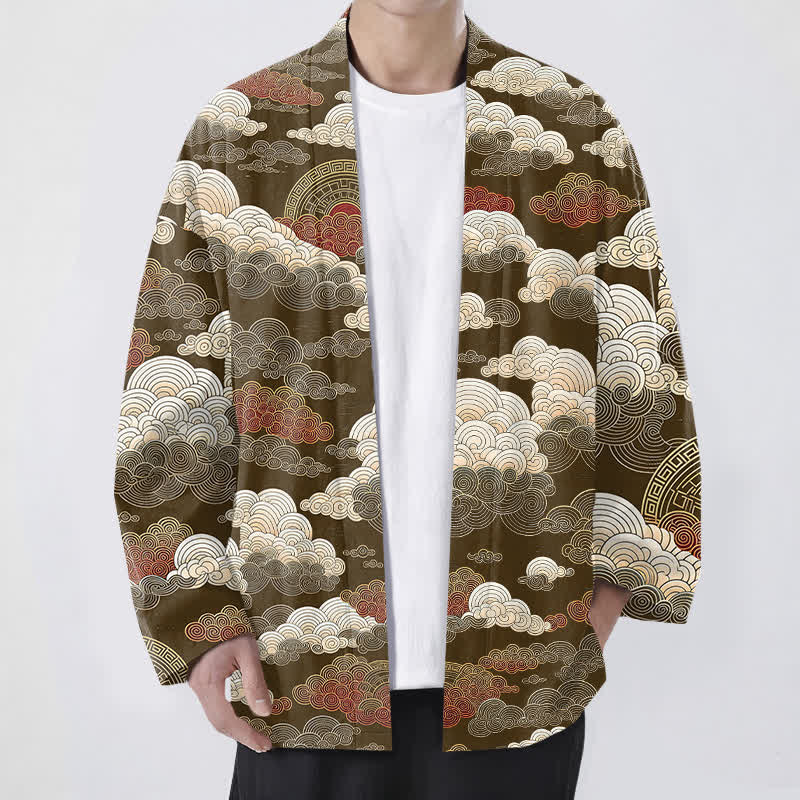 Buddha Stones Cotton Auspicious Cloud Tide Pattern Open Front Men's Kimono - SaddleBrown - US/UK/AU48，EU58 (4XL) - image 6
